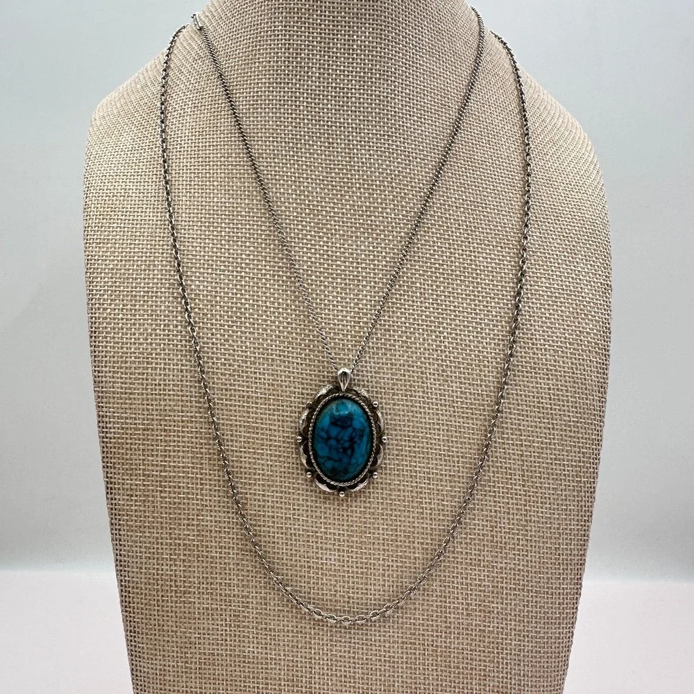 Vintage 90s Silver Tone Turquoise Matrix Filigree Pendant Necklace